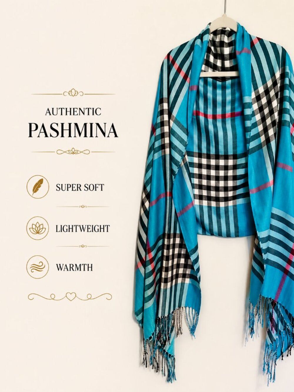 Authentic PASHMINA Plaid Wrap Scarf Turquoise Blue SUPER SOFT, BOHO, FRINGE,